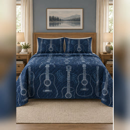Navy Acoustic Guitar Blueprint Quilt Set