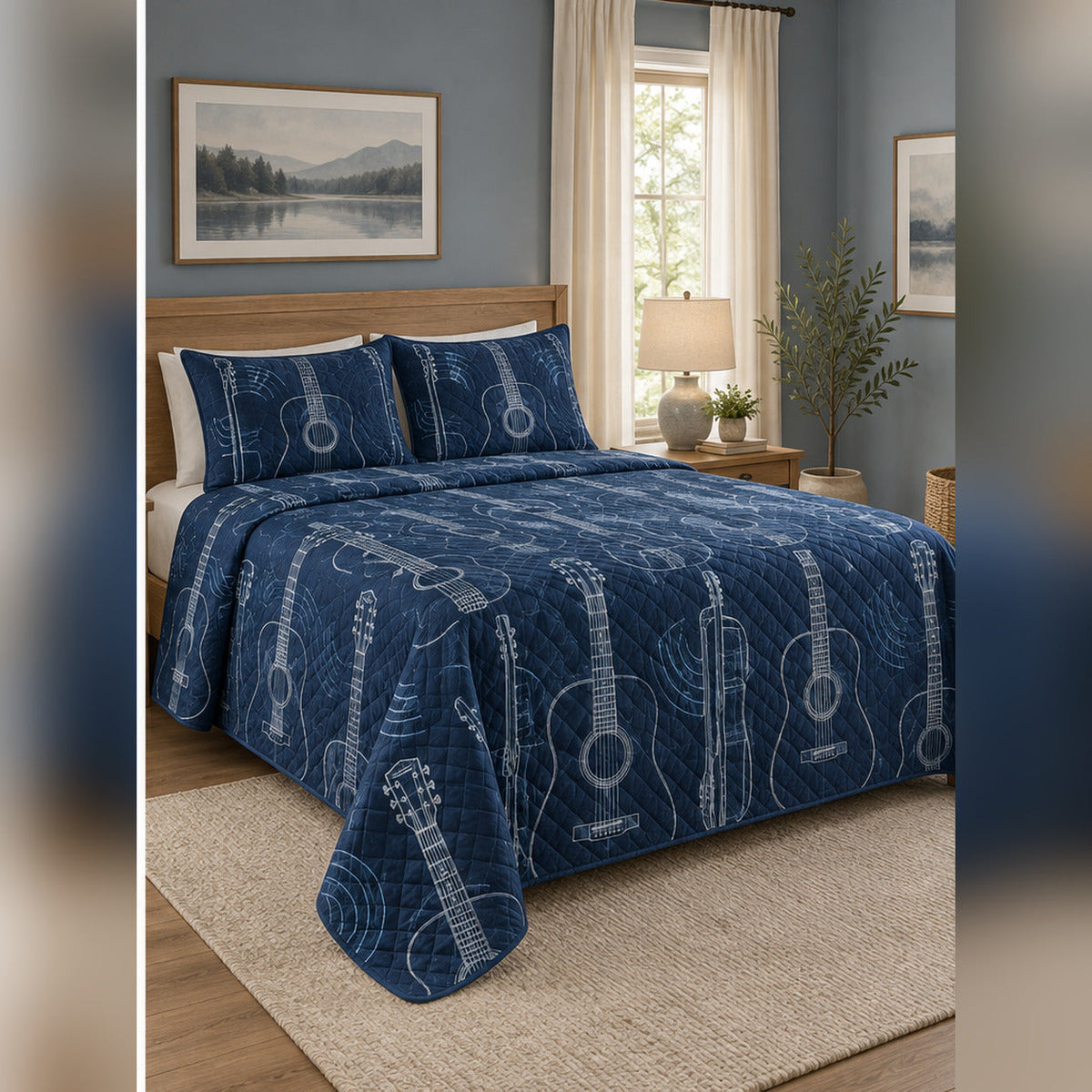 Navy Acoustic Guitar Blueprint Quilt Set, angled acoustic guitar bedroom view