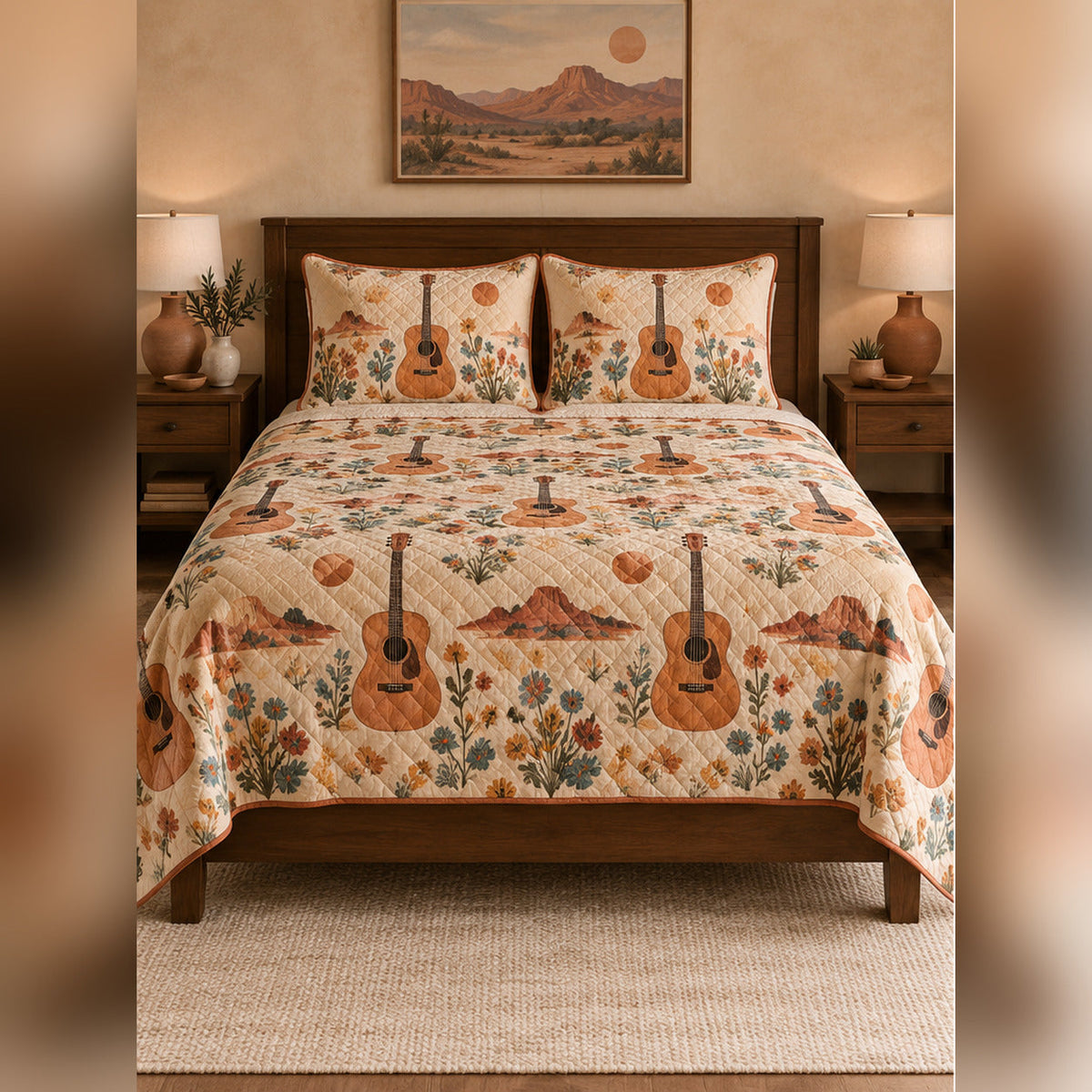 Western Desert Acoustic Guitar Quilt Set, front acoustic guitar bedroom view