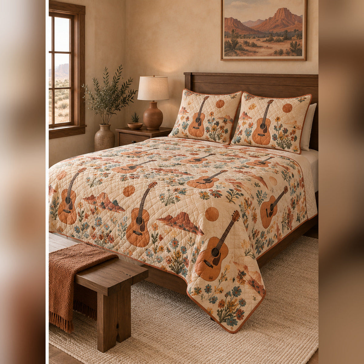 Western Desert Acoustic Guitar Quilt Set, angled acoustic guitar bedroom view