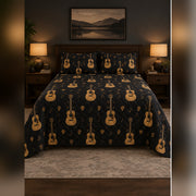 Black and Gold Acoustic Guitar Quilt Set, front acoustic guitar bedroom view