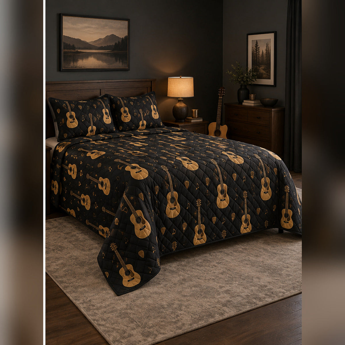 Black and Gold Acoustic Guitar Quilt Set, angled acoustic guitar bedroom view