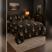 Black and Gold Acoustic Guitar Quilt Set, angled acoustic guitar bedroom view