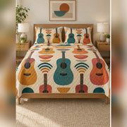 Mid Century Guitar Geometry Quilt Set, front acoustic guitar bedroom view