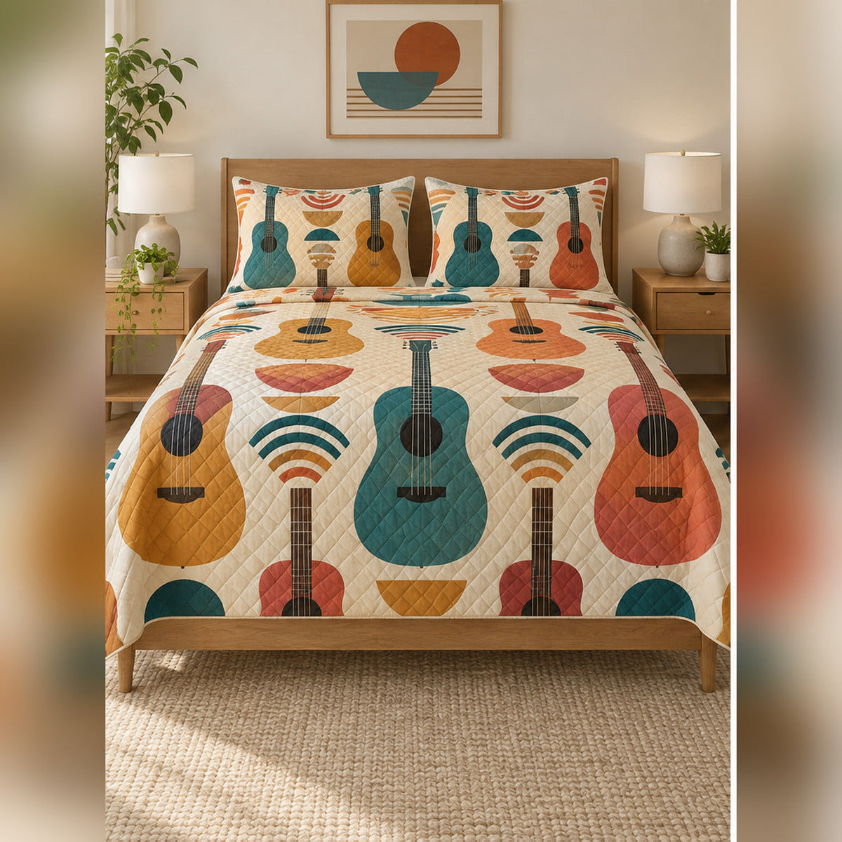 Mid Century Guitar Geometry Quilt Set, front acoustic guitar bedroom view