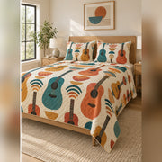 Mid Century Guitar Geometry Quilt Set, angled acoustic guitar bedroom view
