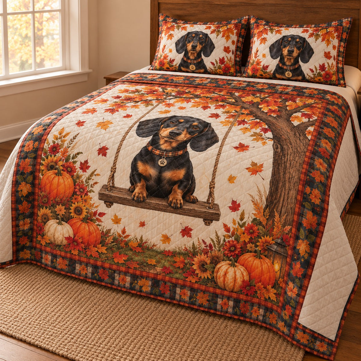 Autumn Dachshund Pumpkin Dog Quilt Set: angled bedroom view showing the quilt artwork and coordinating shams