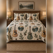 Watercolor Camp Guitar Quilt Set, front acoustic guitar bedroom view