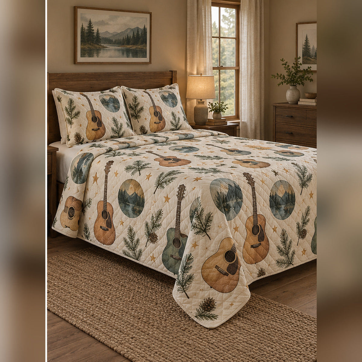 Watercolor Camp Guitar Quilt Set, angled acoustic guitar bedroom view