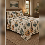 Watercolor Camp Guitar Quilt Set, angled acoustic guitar bedroom view