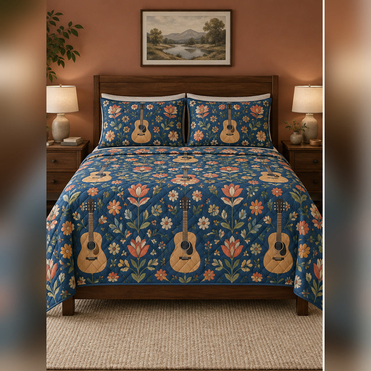 Folk Floral Acoustic Guitar Quilt Set, front acoustic guitar bedroom view