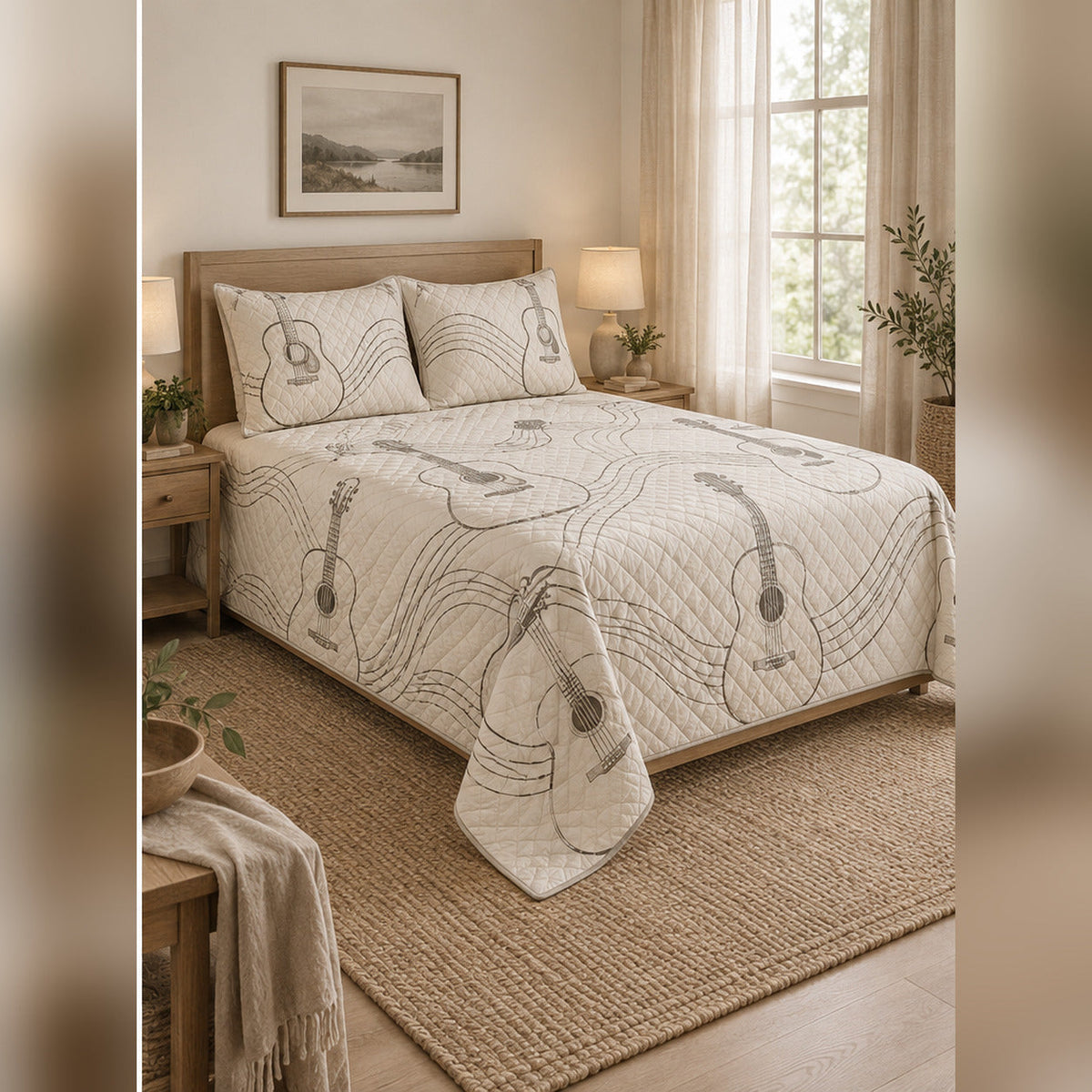 Minimal Guitar String Line Art Quilt Set, angled acoustic guitar bedroom view