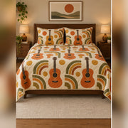 Retro Orange Acoustic Guitar Groove Quilt Set, front acoustic guitar bedroom view