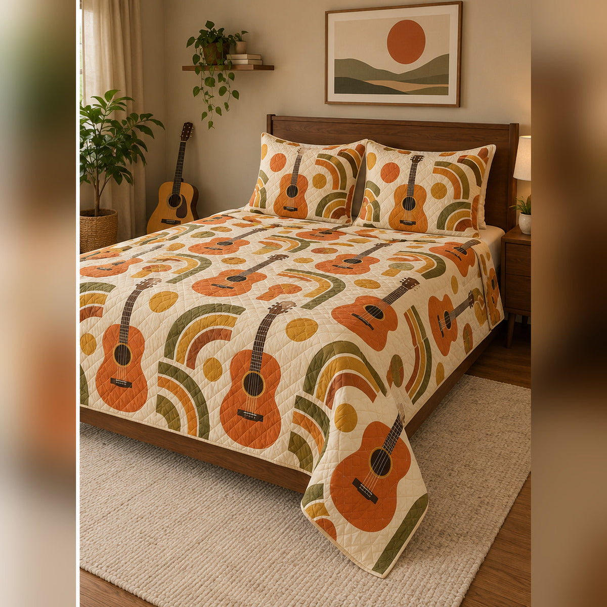 Retro Orange Acoustic Guitar Groove Quilt Set, angled acoustic guitar bedroom view