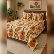 Retro Orange Acoustic Guitar Groove Quilt Set, angled acoustic guitar bedroom view