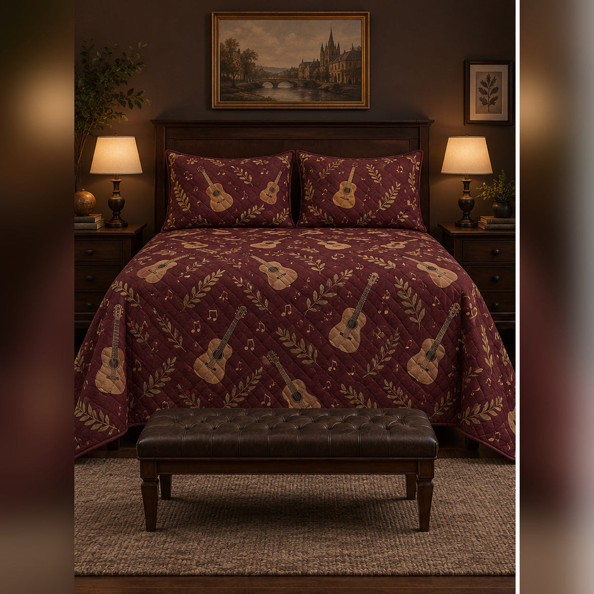 Dark Academia Acoustic Music Quilt Set, front acoustic guitar bedroom view
