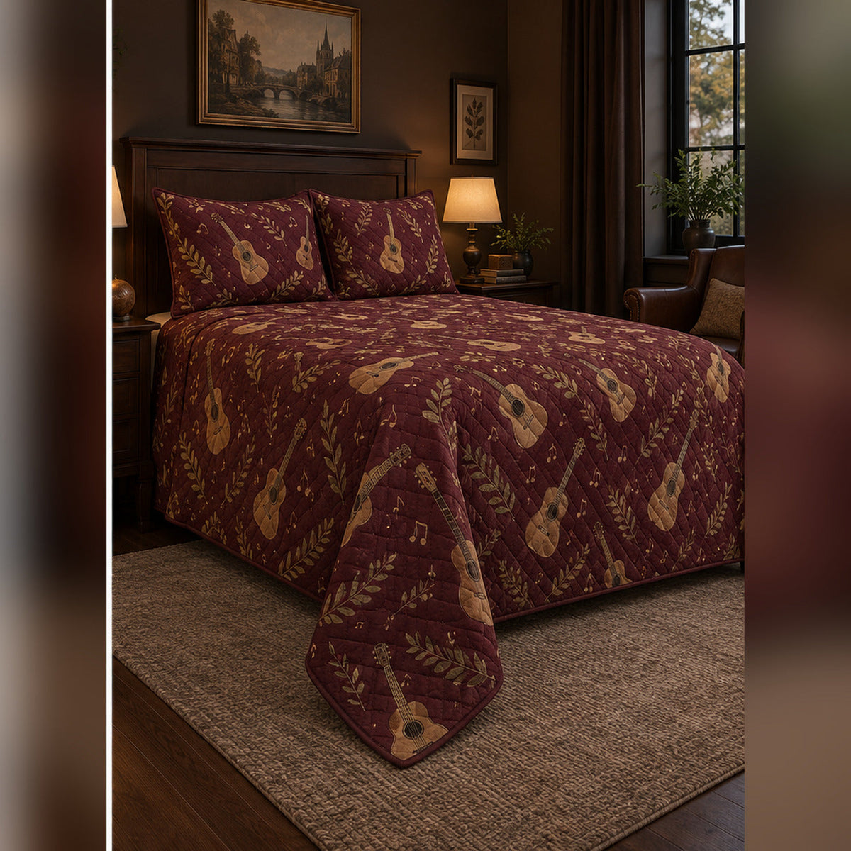 Dark Academia Acoustic Music Quilt Set, angled acoustic guitar bedroom view