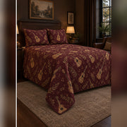 Dark Academia Acoustic Music Quilt Set, angled acoustic guitar bedroom view