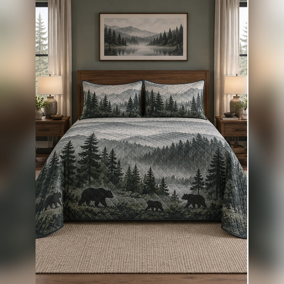Misty Pine Black Bear Quilt Set, front black bear bedroom view