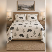 Minimal Cream Black Bear Silhouette Quilt Set, front black bear bedroom view
