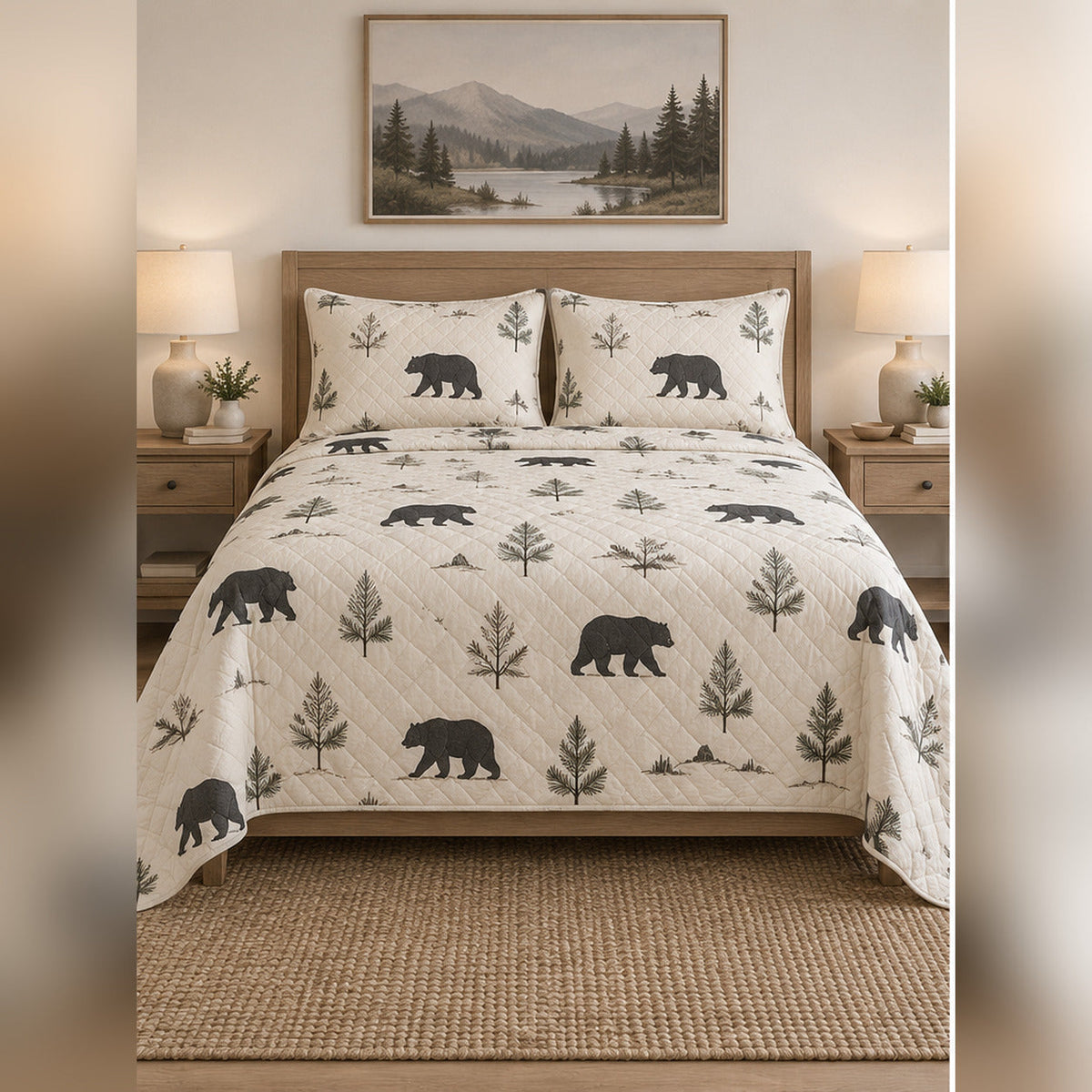 Minimal Cream Black Bear Silhouette Quilt Set, front black bear bedroom view