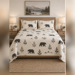 Minimal Cream Black Bear Silhouette Quilt Set
