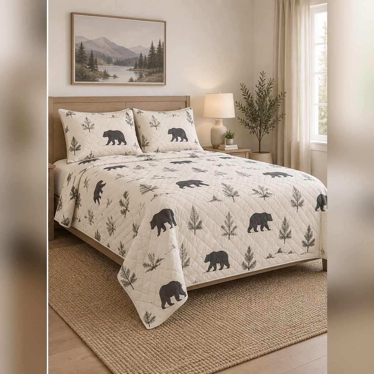 Minimal Cream Black Bear Silhouette Quilt Set, angled black bear bedroom view