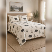 Minimal Cream Black Bear Silhouette Quilt Set, angled black bear bedroom view