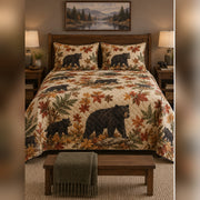 Autumn Woodland Black Bear Quilt Set, front black bear bedroom view