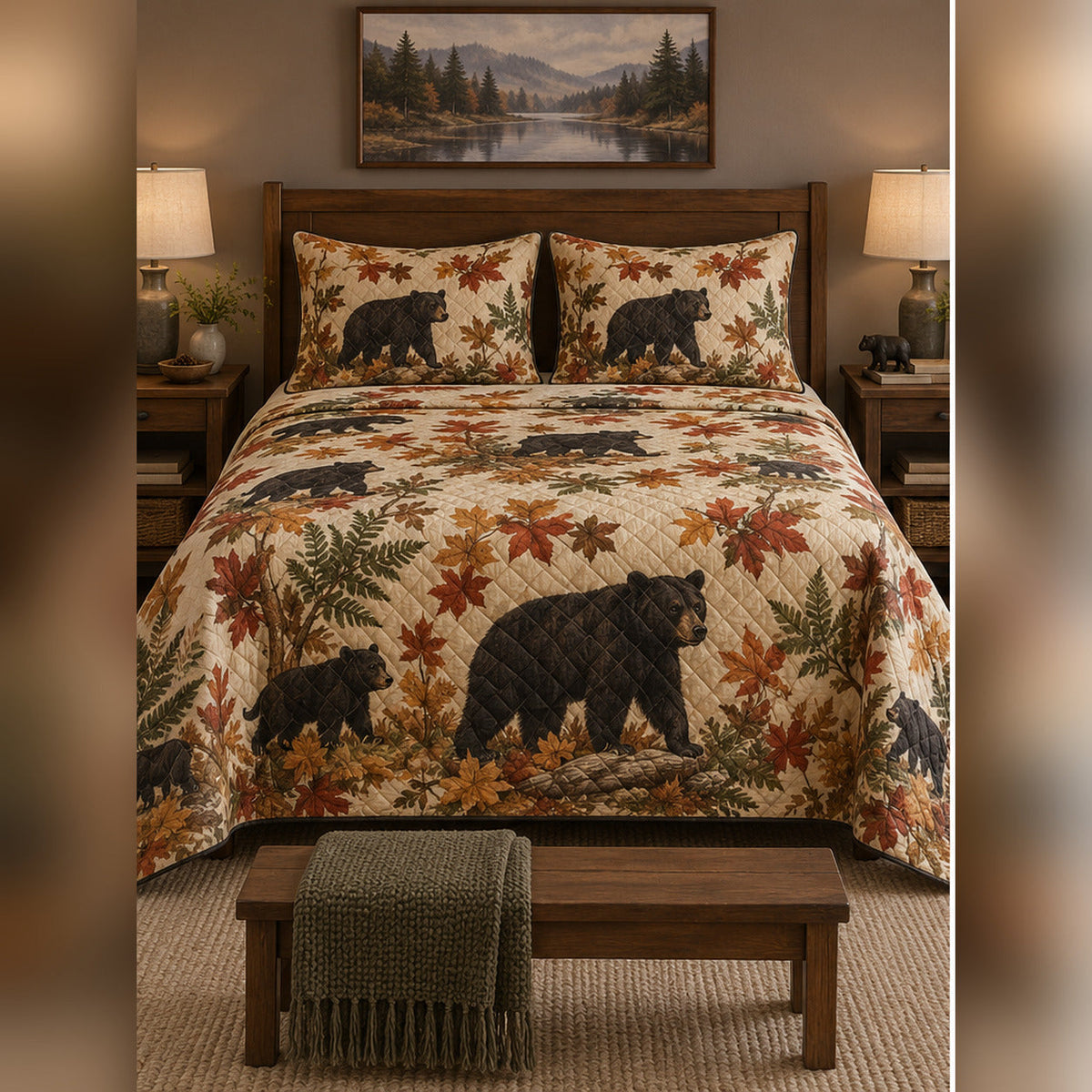 Autumn Woodland Black Bear Quilt Set, front black bear bedroom view