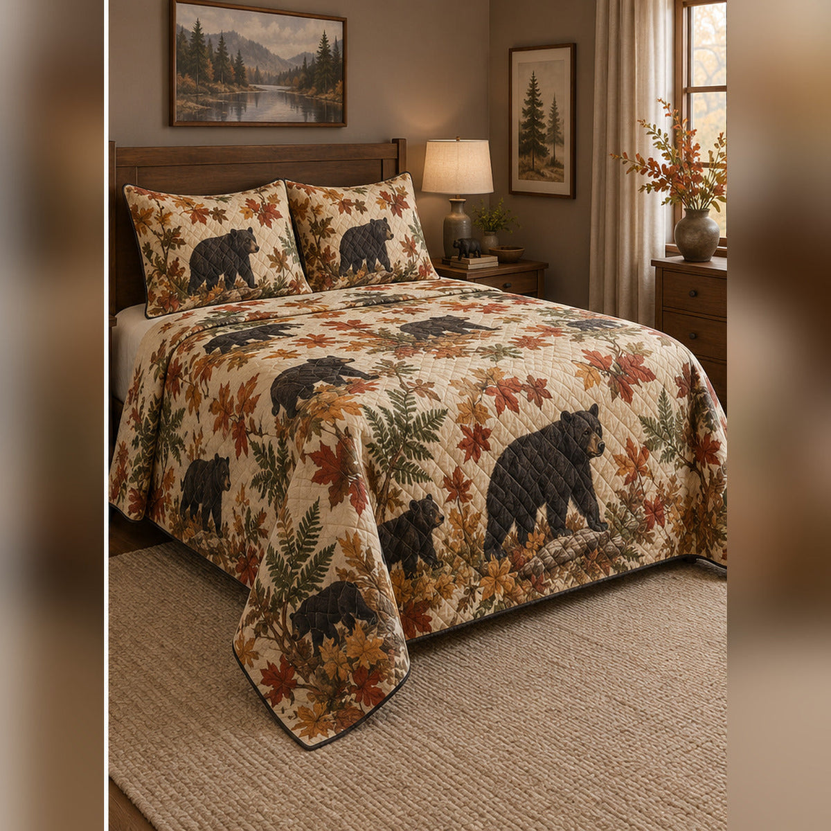 Autumn Woodland Black Bear Quilt Set, angled black bear bedroom view