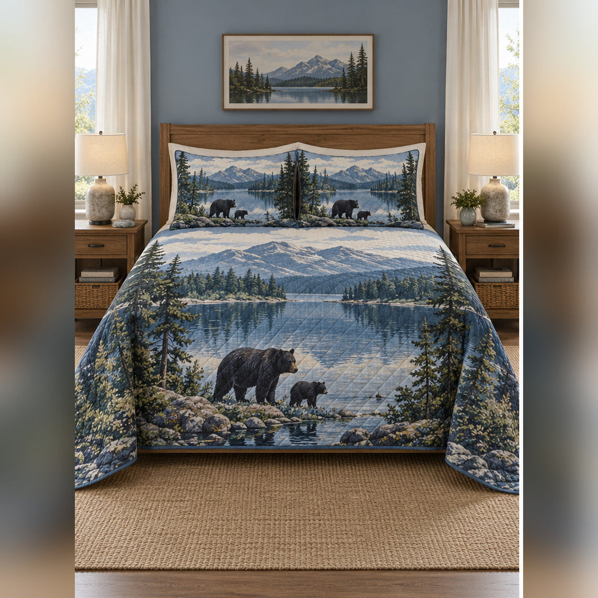 Blue Lake Black Bear Landscape Quilt Set, front black bear bedroom view