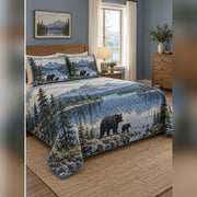 Blue Lake Black Bear Landscape Quilt Set, angled black bear bedroom view