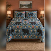 Folk Wildflower Black Bear Quilt Set, front black bear bedroom view
