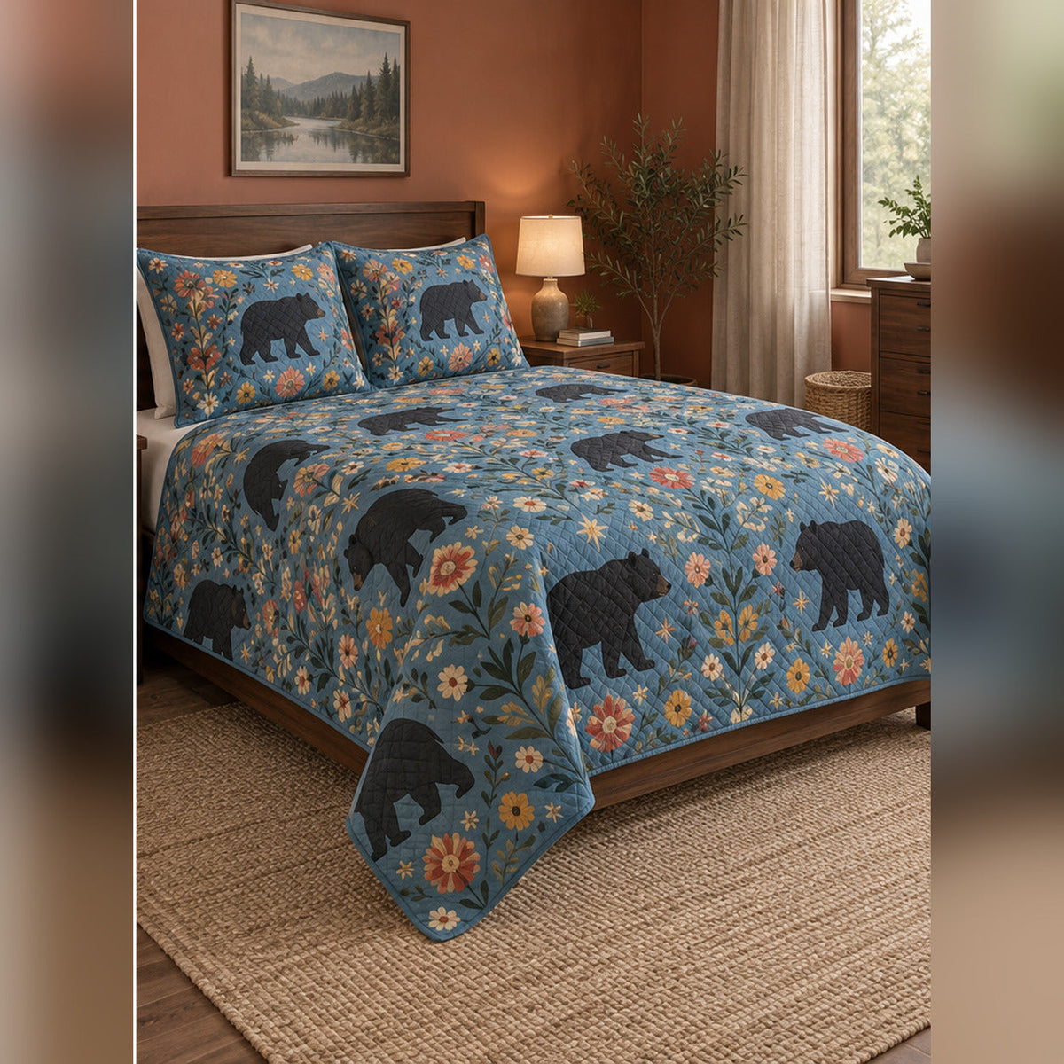Folk Wildflower Black Bear Quilt Set, angled black bear bedroom view