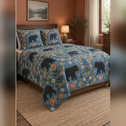 Folk Wildflower Black Bear Quilt Set, angled black bear bedroom view