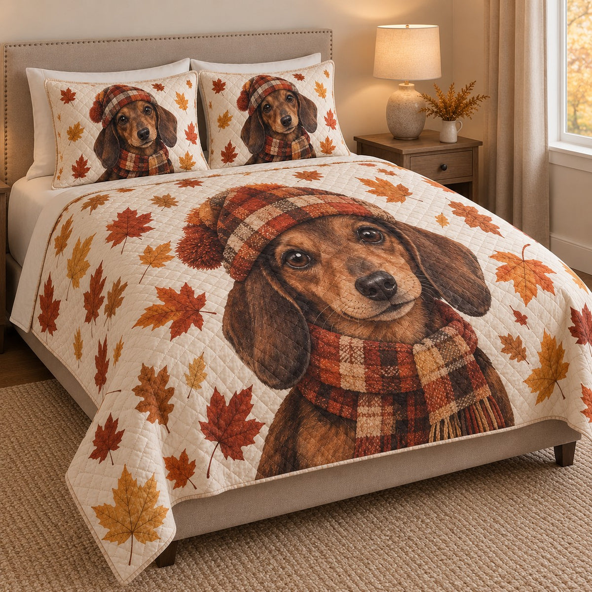 Autumn Dachshund Dog Leaves Quilt Set: angled bedroom view showing the quilt artwork and coordinating shams