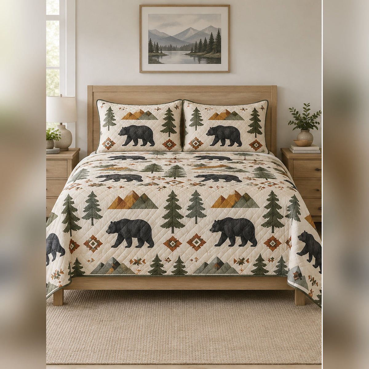 Nordic Geometric Black Bear Quilt Set, front black bear bedroom view