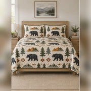 Nordic Geometric Black Bear Quilt Set, front black bear bedroom view