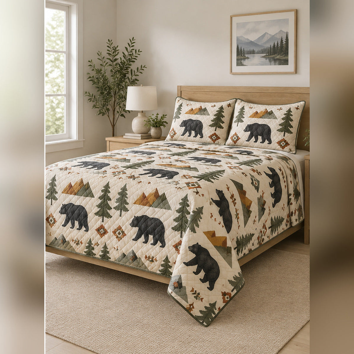 Nordic Geometric Black Bear Quilt Set, angled black bear bedroom view