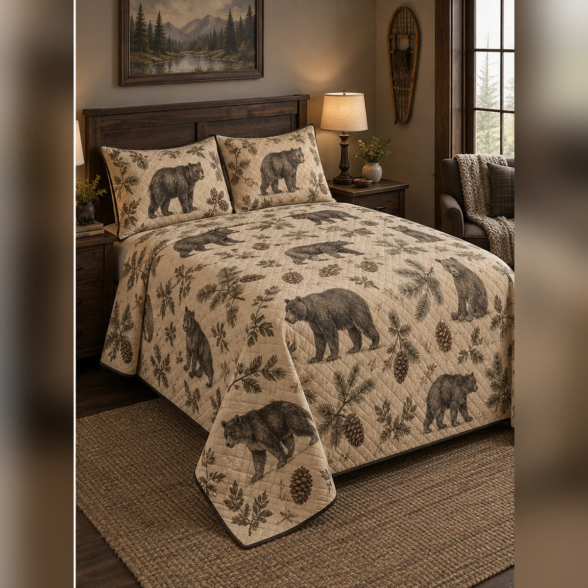 Vintage Black Bear Field Sketch Quilt Set, angled black bear bedroom view