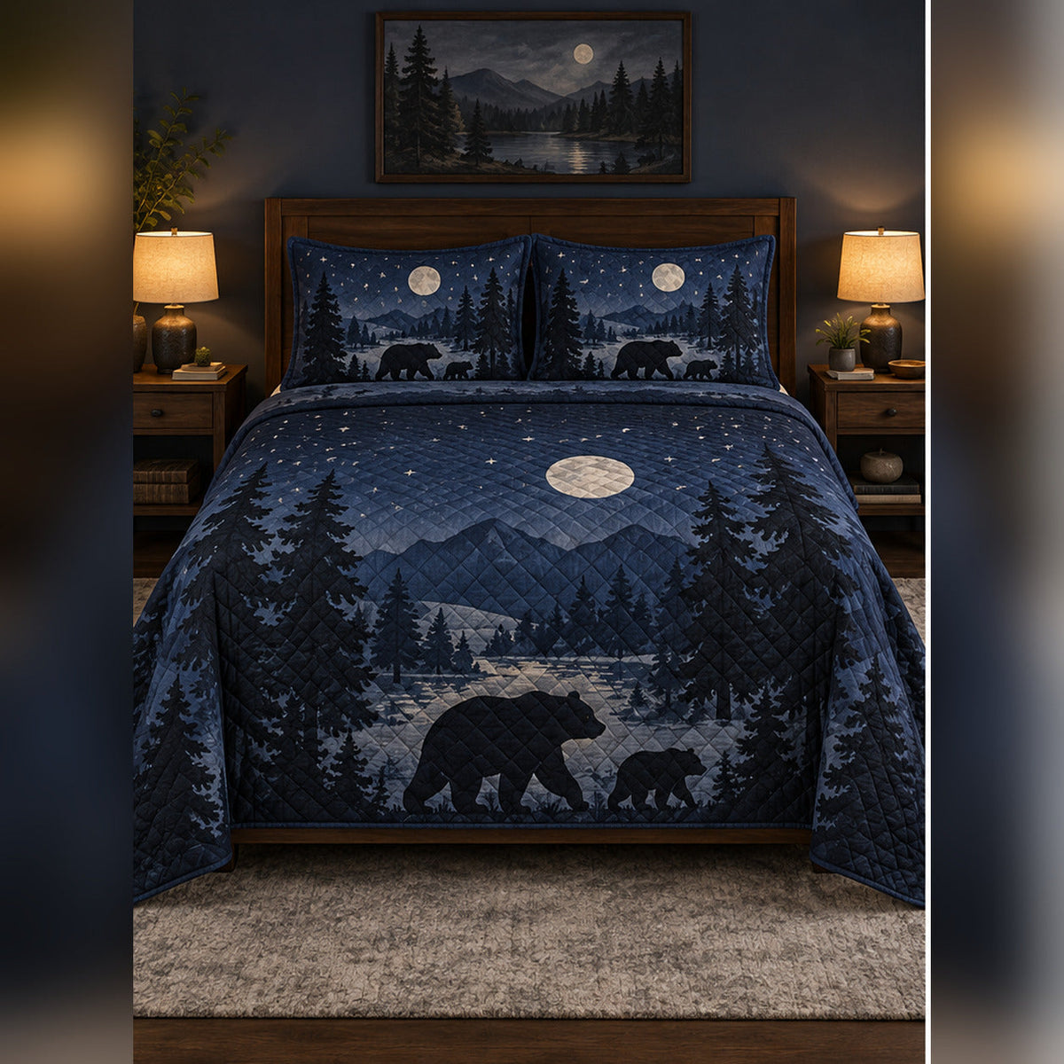 Moonlit Black Bear Forest Quilt Set, front black bear bedroom view