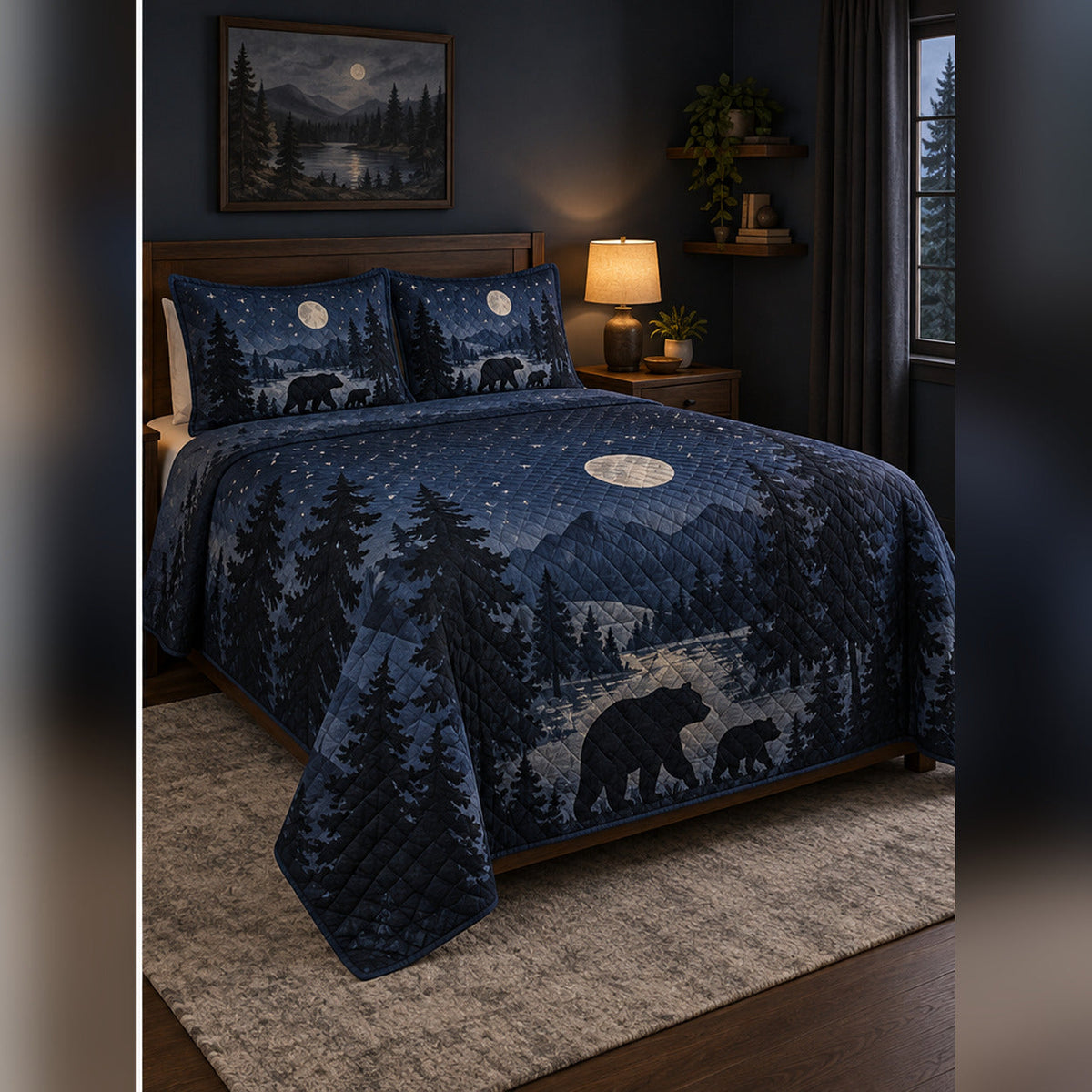Moonlit Black Bear Forest Quilt Set, angled black bear bedroom view