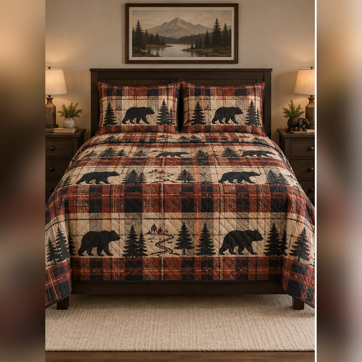 Rust Plaid Black Bear Trail Quilt Set, front black bear bedroom view
