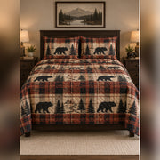 Rust Plaid Black Bear Trail Quilt Set, front black bear bedroom view