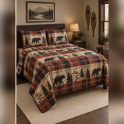 Rust Plaid Black Bear Trail Quilt Set, angled black bear bedroom view