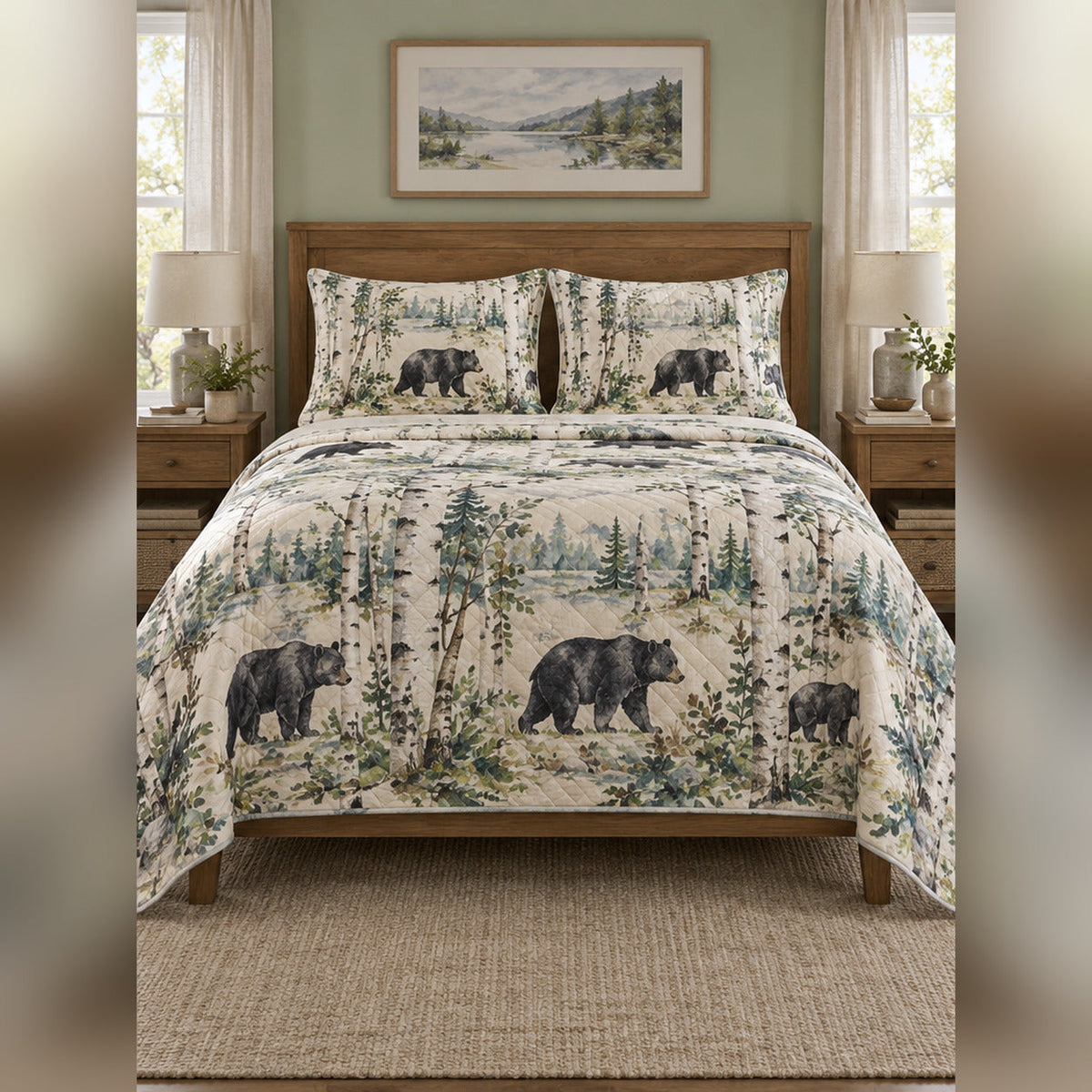 Watercolor Birch Black Bear Quilt Set, front black bear bedroom view
