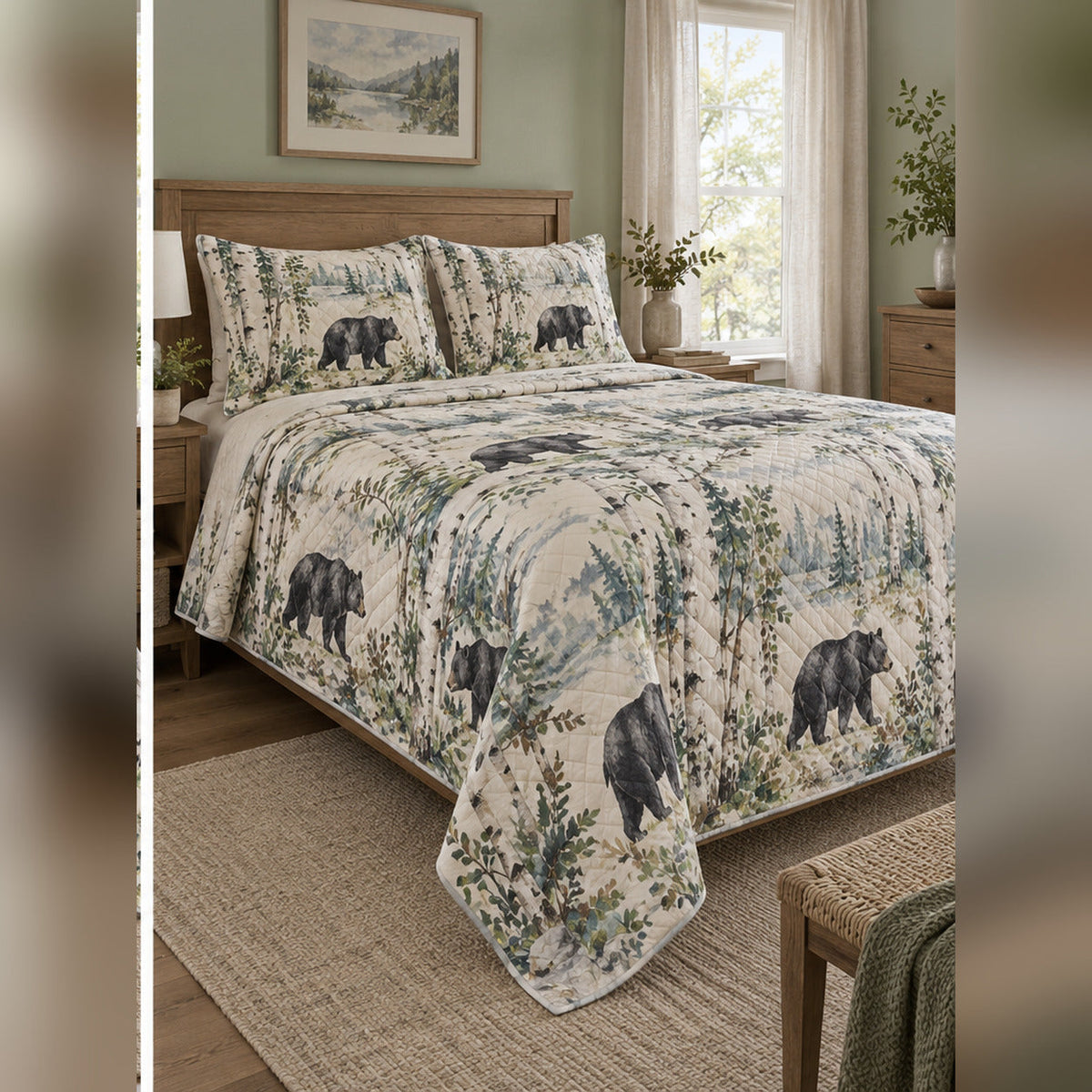 Watercolor Birch Black Bear Quilt Set, angled black bear bedroom view