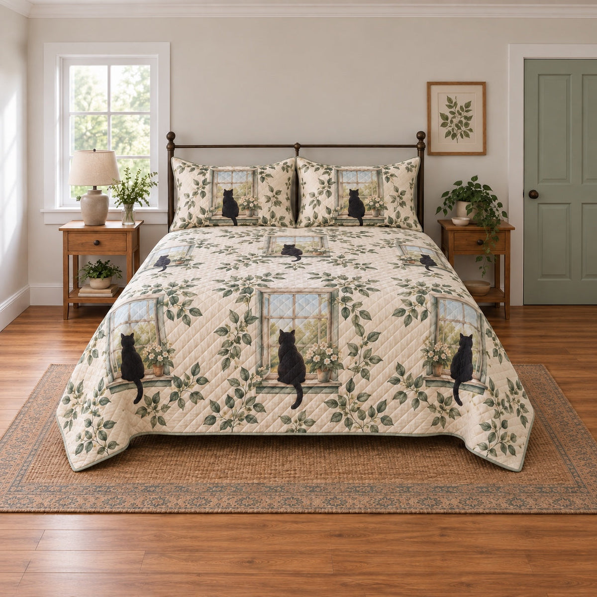 Garden Window Black Cat Quilt Set, front black cat bedroom view