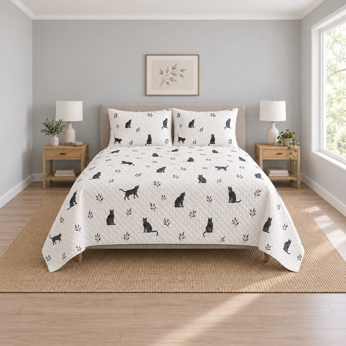 Minimal Ink Silhouettes Black Cat Quilt Set, front black cat bedroom view